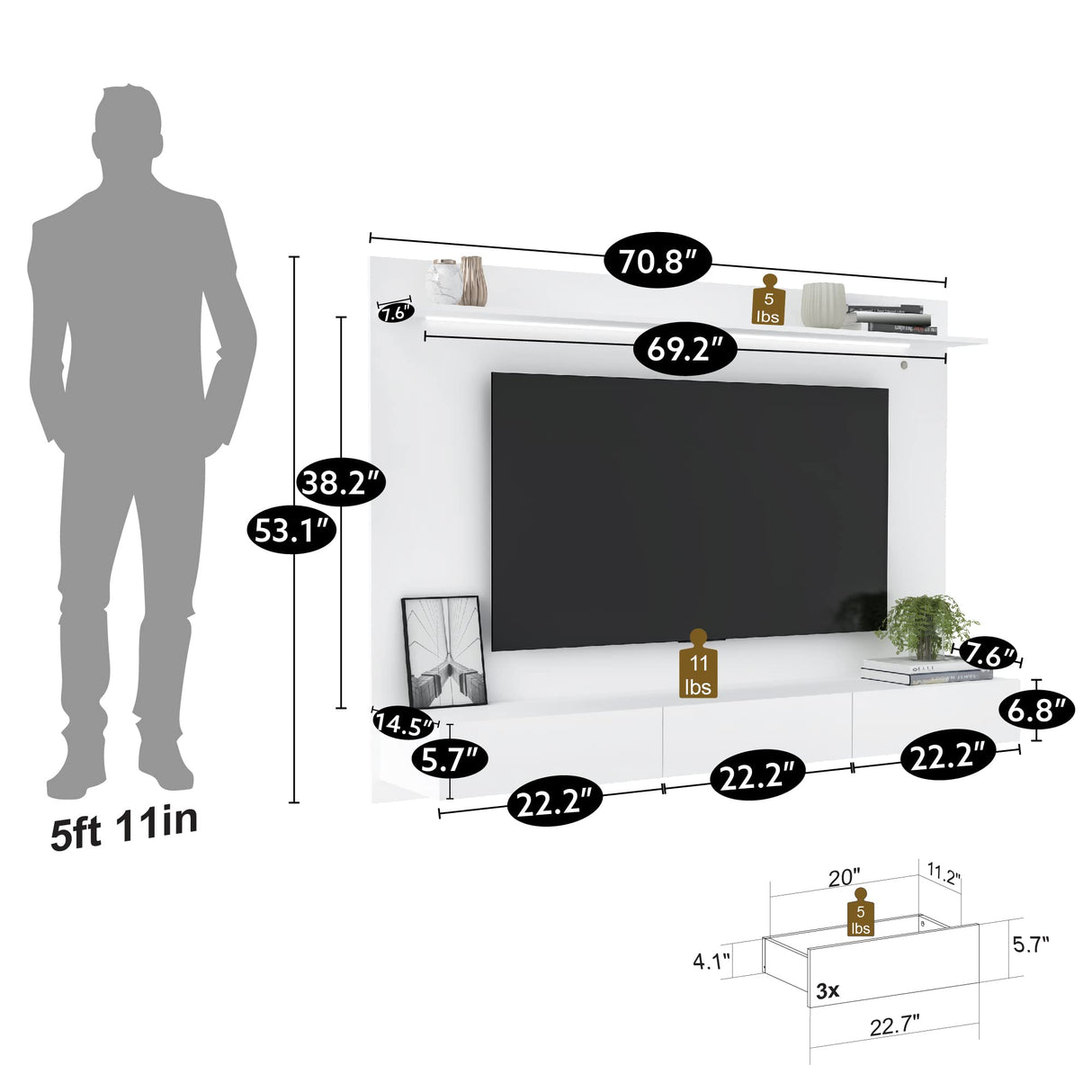 Bliss Modern Freestanding Wall Mounted Entertainment Center Floating TV Panel