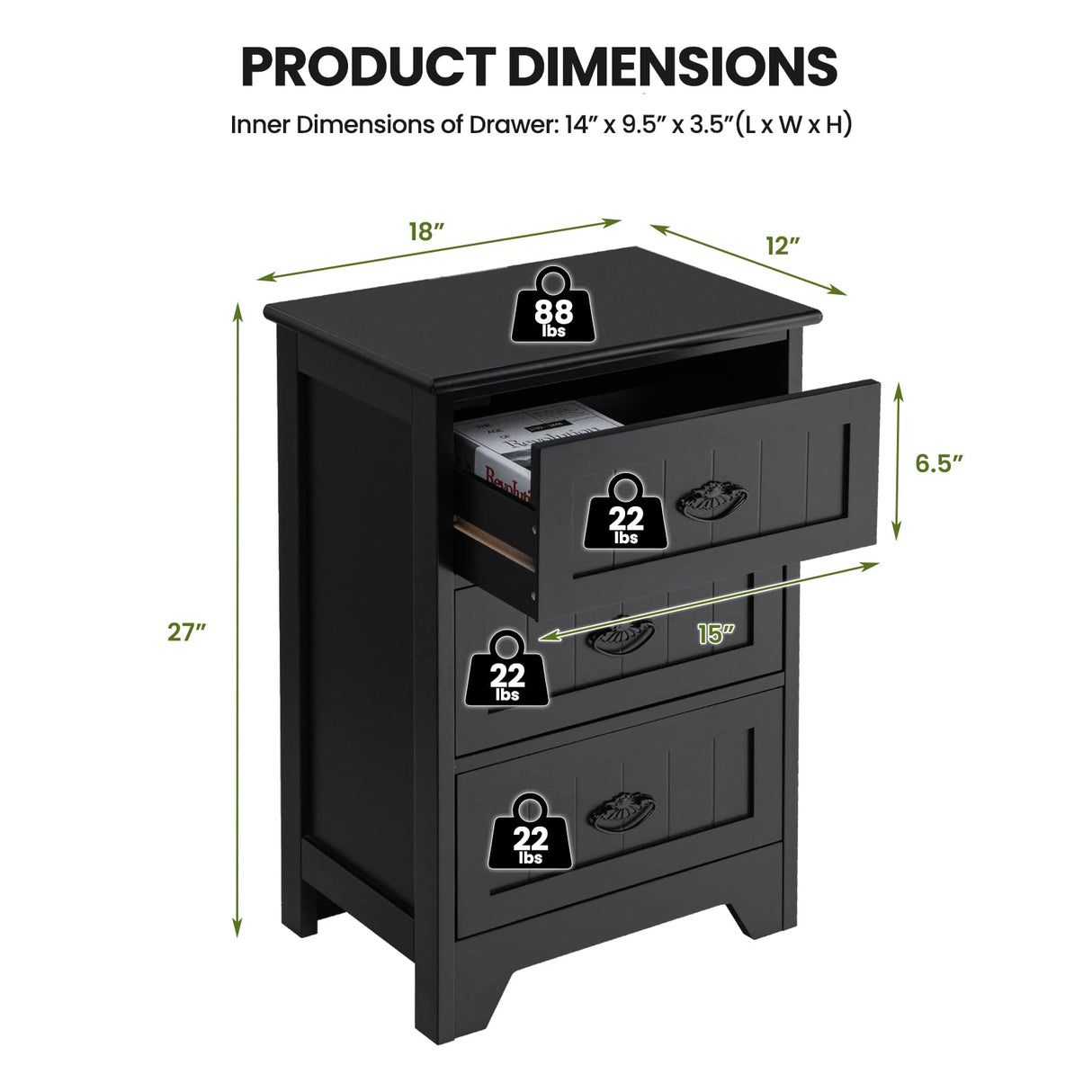 Nightstand with 3 Drawers, Set of 2 Bedside Table with Exquisite Metal Handles