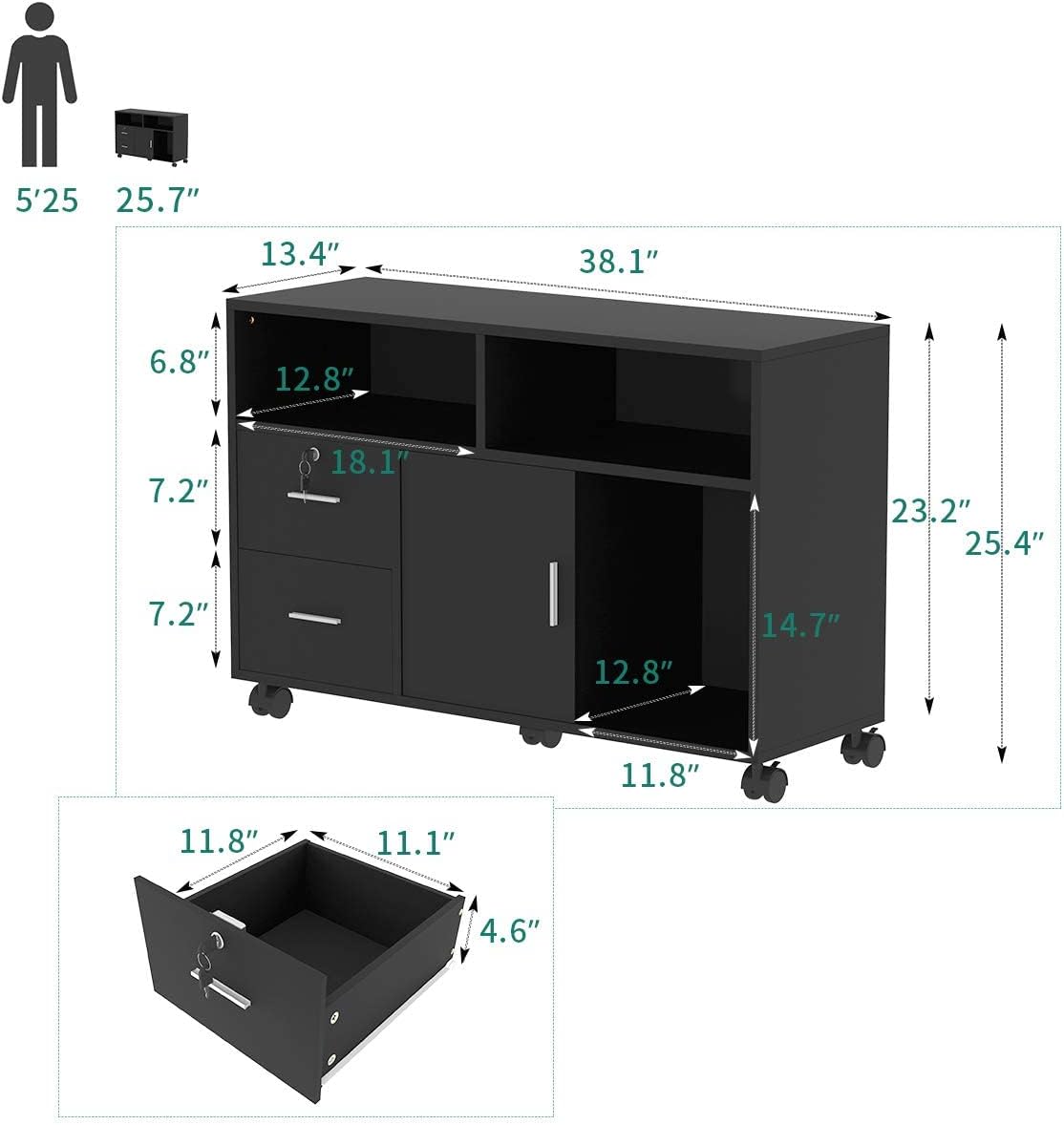 Wood File Cabinet, 2 Drawer Mobile Lateral Storage Cabinet Printer Stand