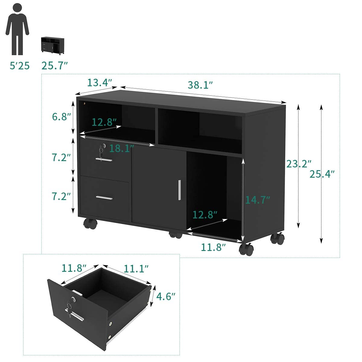Wood File Cabinet, 2 Drawer Mobile Lateral Storage Cabinet Printer Stand