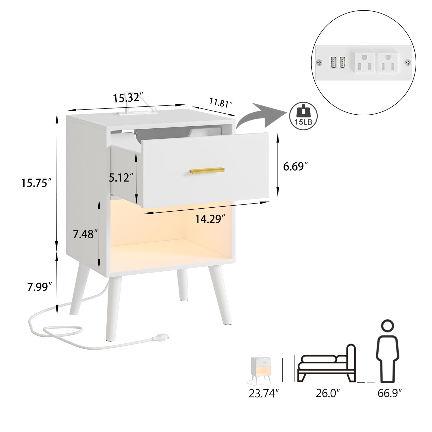 Nightstand with Charging Station and LED Lights, Small Side Table, Bedside Table