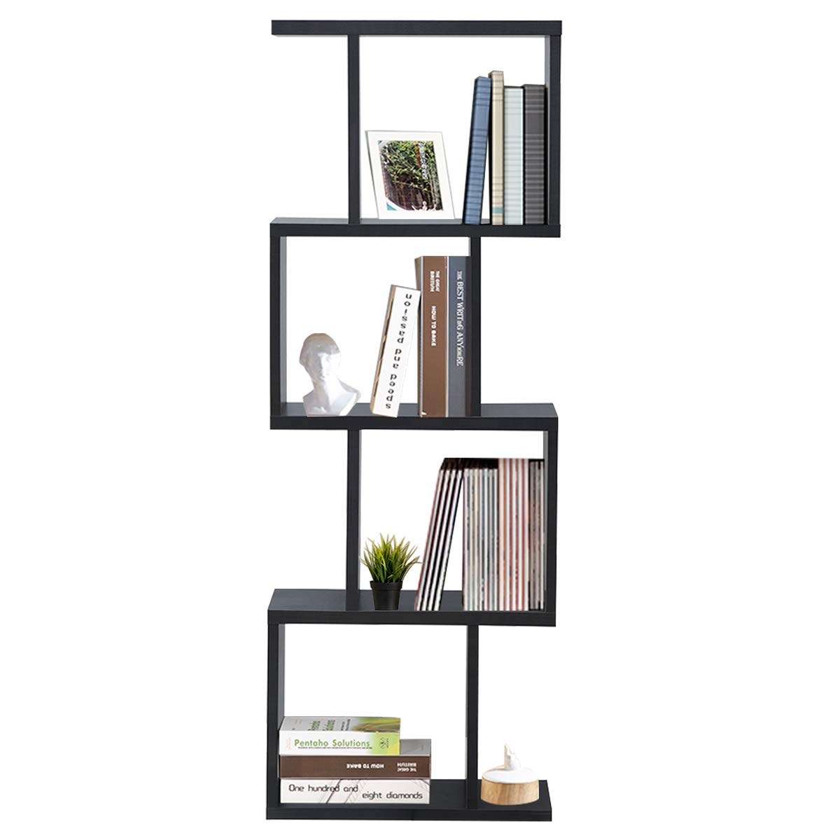 4 Tier Bookshelf S Shaped Bookcase, Multifunctional Wooden