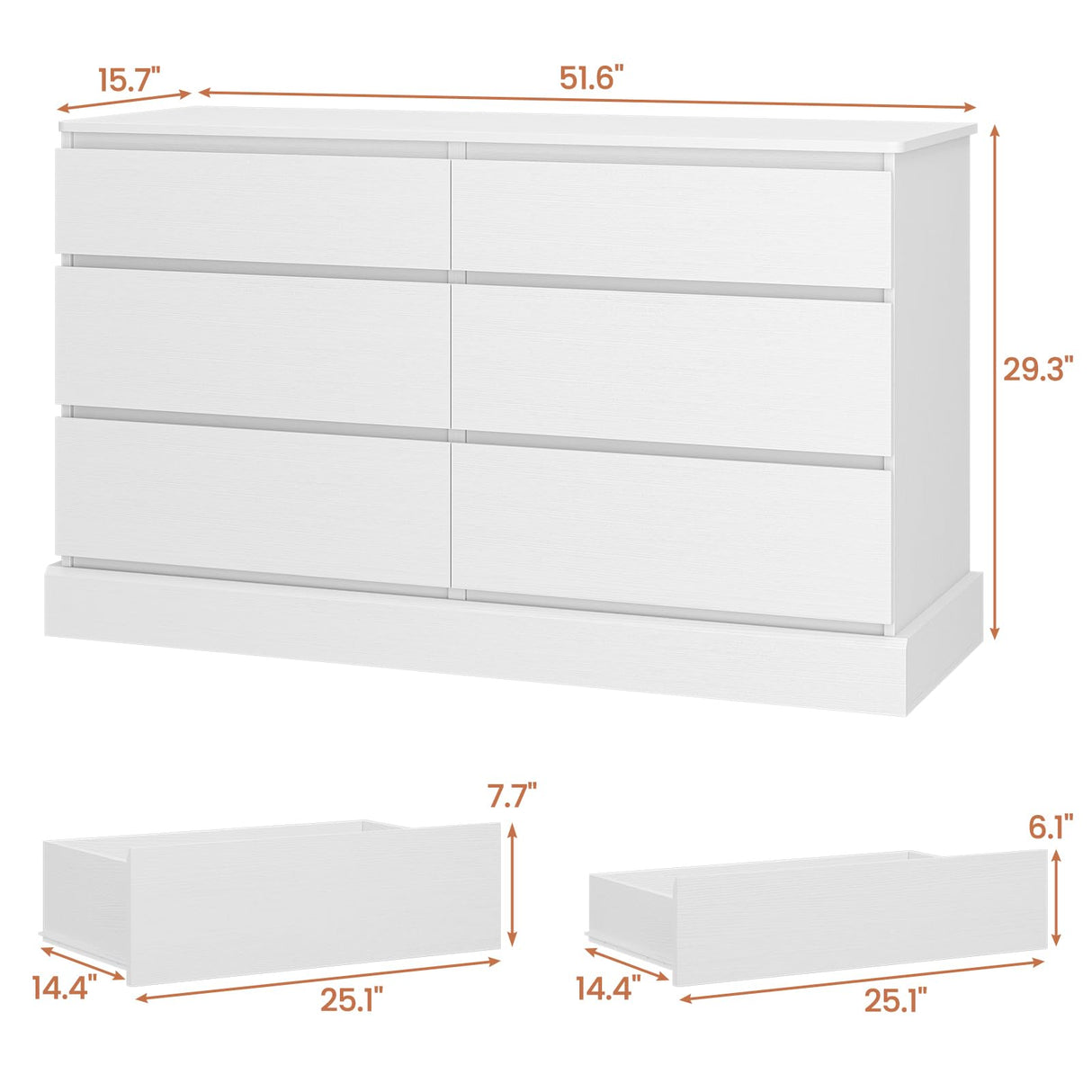 6 Drawers Dresser for Bedroom, White Modern Chest of Drawers