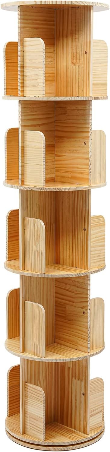 Wood Rotating Bookcase, Floor Standing Cylindrical Book Storage with Baffles Rack, 360