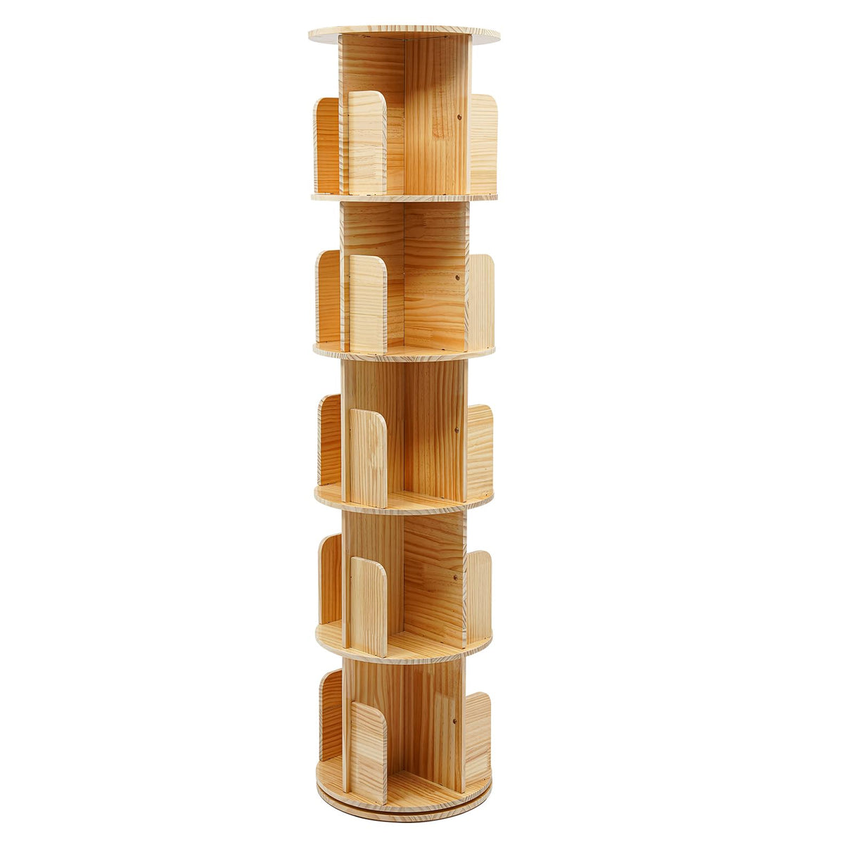 Wood Rotating Bookcase, Floor Standing Cylindrical Book Storage with Baffles Rack, 360