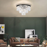 Crystal Pendant Light, Modern 3-Tier Chandelier Black Flush Mount Close to Ceiling