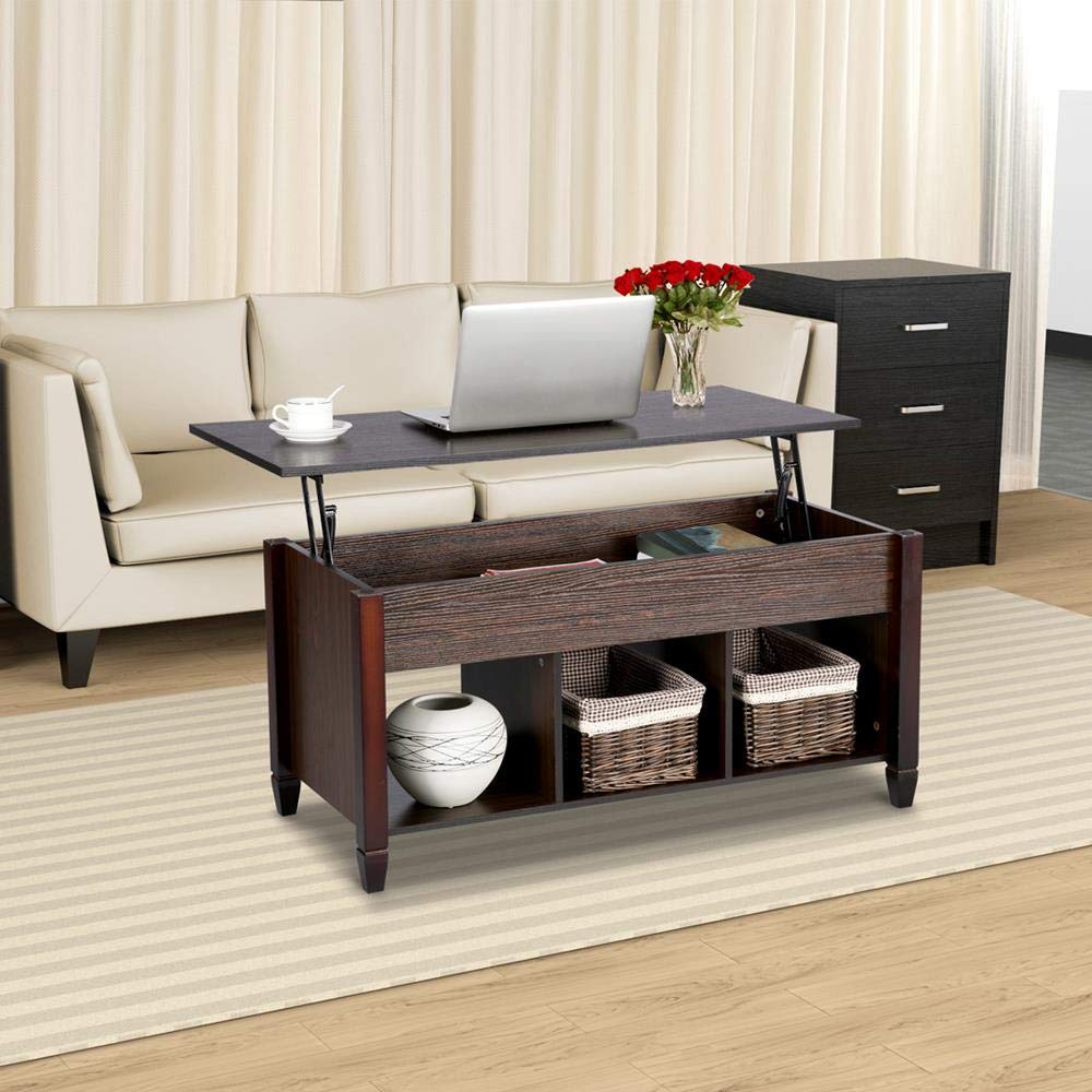 Wood Lift Top Coffee Table with Hidden Storage and Shelf, Espresso Coffee Tea Table