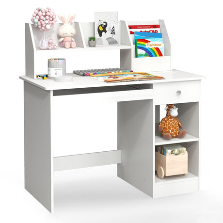 Kids Study Desk, Children Wooden Computer Desk with Hutch, Bookshelf, Keyboard Tray