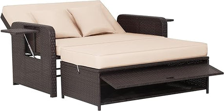 Patio Rattan Daybed, Patiojoy Wicker Loveseat Sofa w/Multipurpose Ottoman