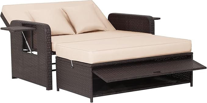 Patio Rattan Daybed Set, Wicker Loveseat Sofa w/Multipurpose Ottoman & Retractable