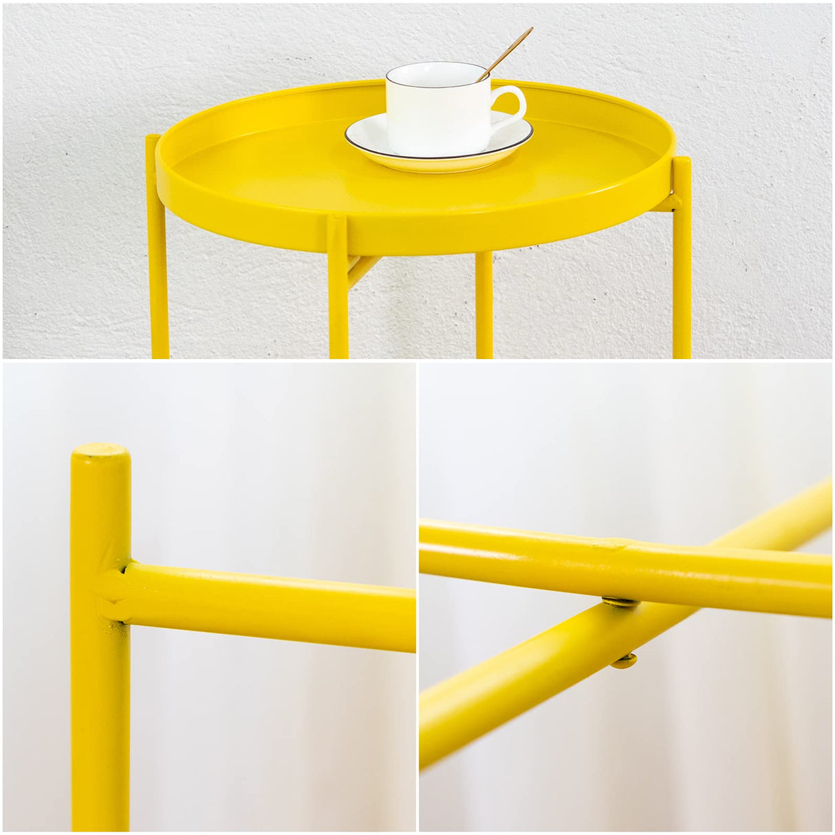 End Table 2-Tier Metal Round Side Table with Removable Tray for Living Room (Yellow)