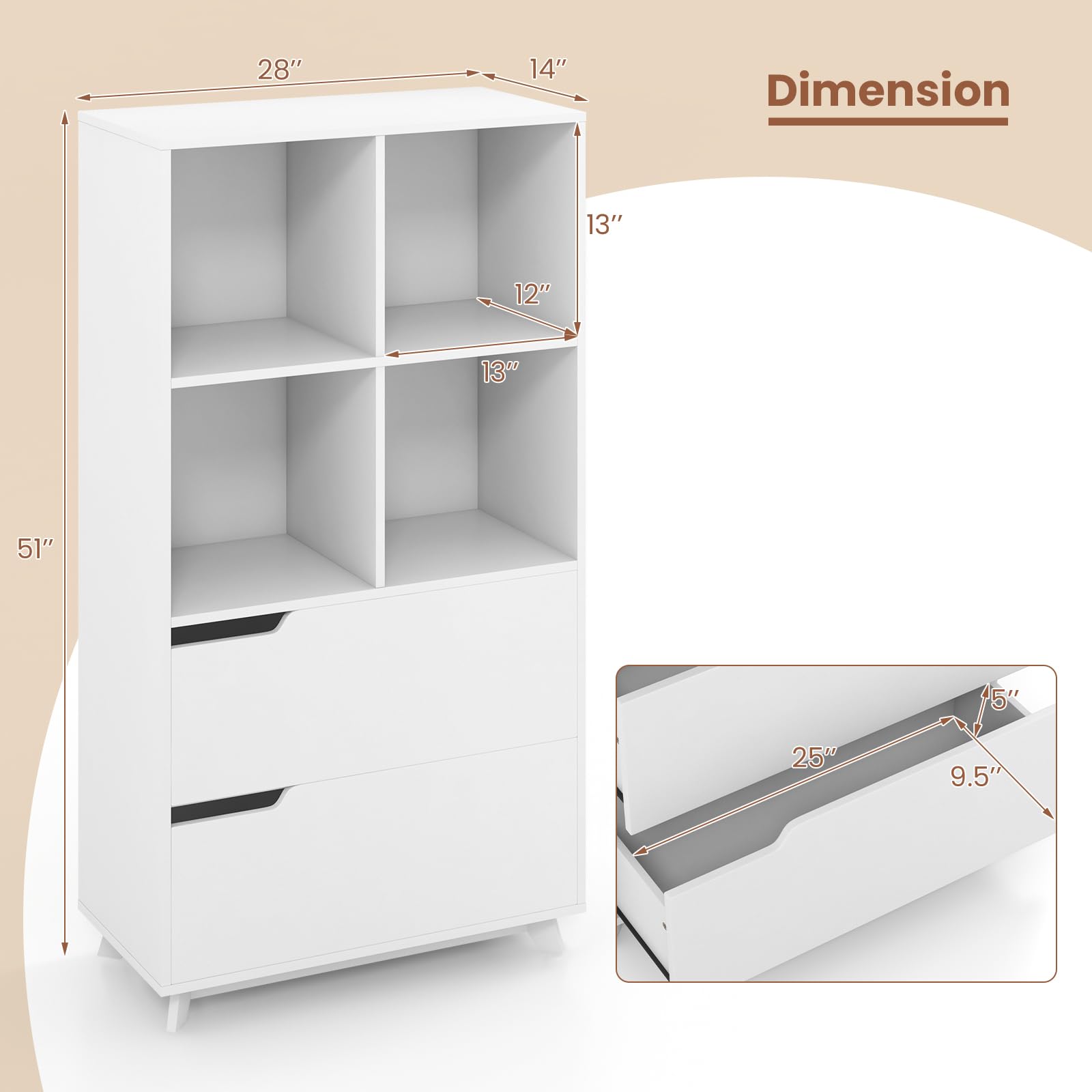 51" Tall Bookcase with 2 Drawers, 4-Tier Open Bookshelf