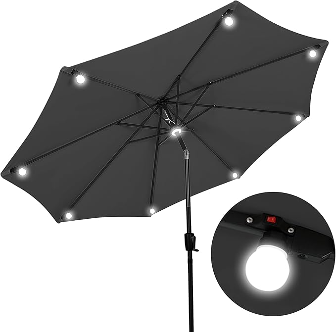 9.5‘ Outdoor Patio Umbrella, Solar LED Bulb Lighted Patio Umbrella with 8 Ribs