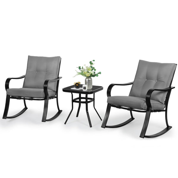 3-Piece Outdoor Rocking Chairs Bistro Set, Black Iron Patio Furniture with Gray Thickened