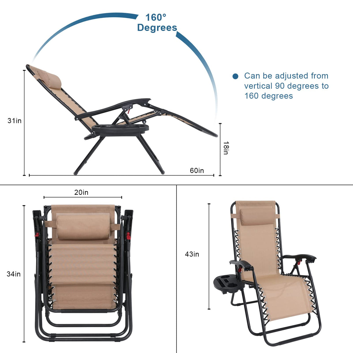 Zero Gravity Adjustable Reclining Patio Chair Lounge Chair with Removable Pillow