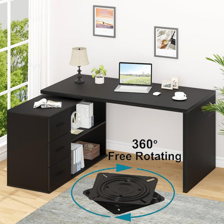 Black L Shaped Desk with Drawers Shelves, 360 Rotating Home Office Desk