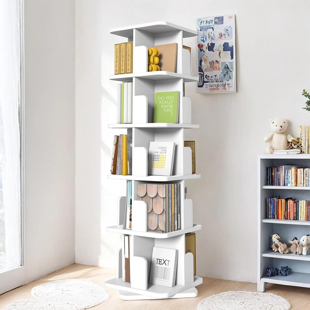 White Rotating Bookshelf, 360 Display 5 Tier Rotating Bookshelf Tower, Floor Standing
