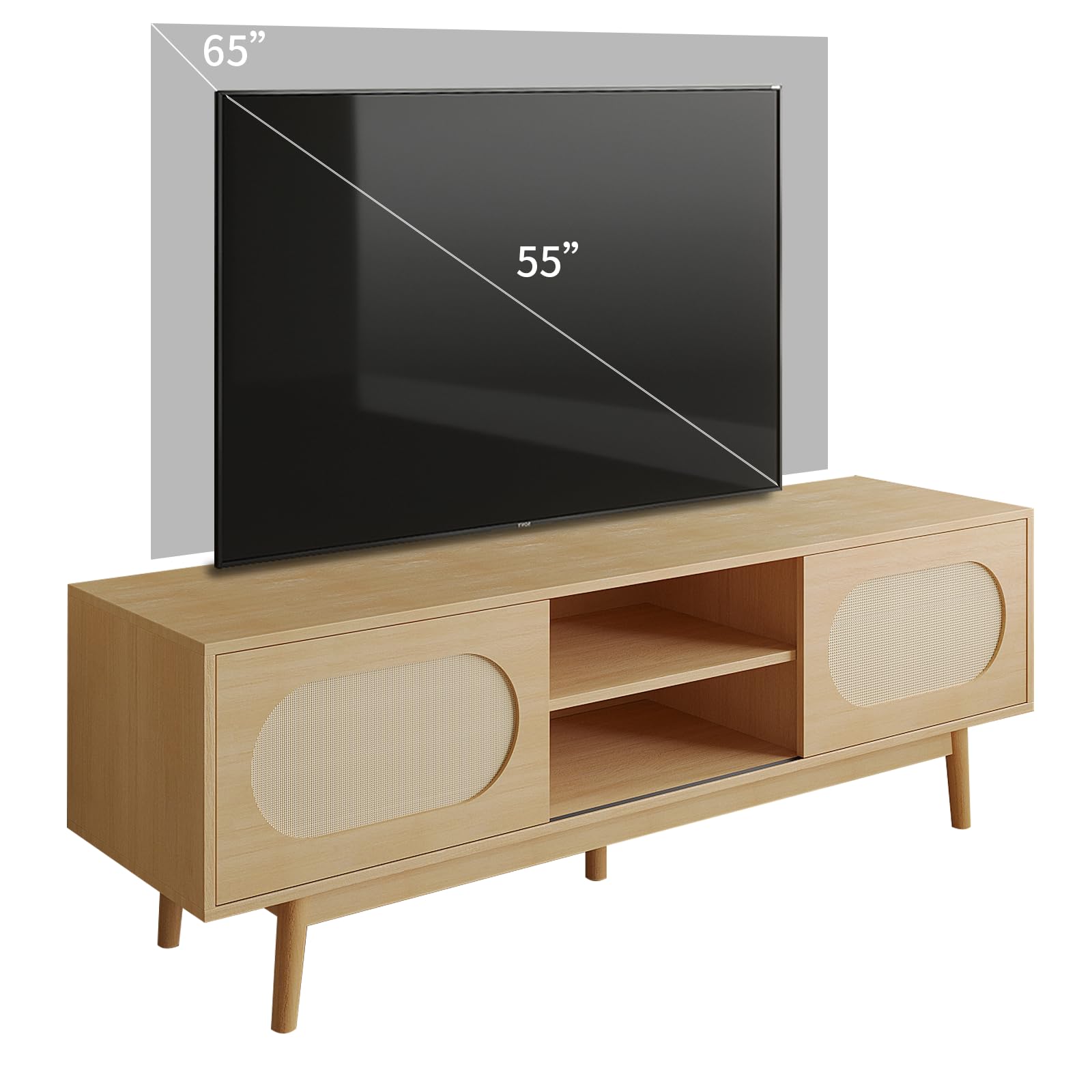 Farmhouse Rattan TV Stand for 55/60/65 inch TV, Modern Entertainment Center with Natural