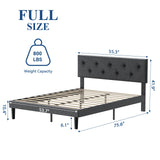 Full Size Platform Bed Frame with Fabric Headboard, Strong Wooden Slats, Non-Slip