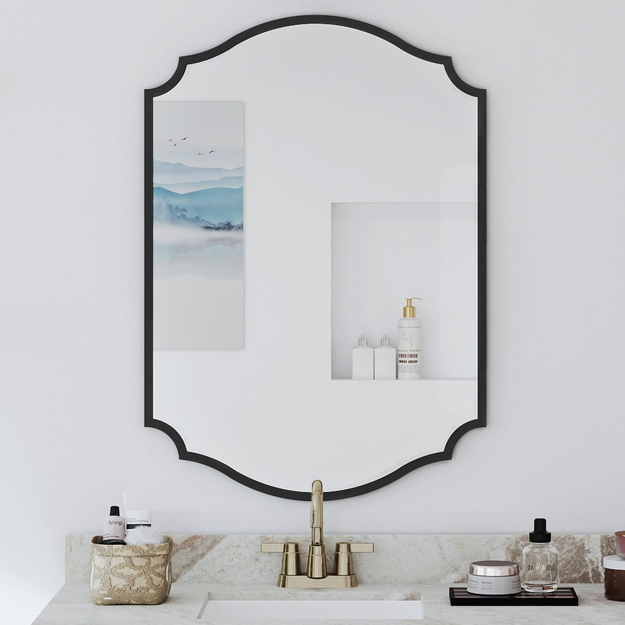 32x20 Black Arched Bathroom Mirror with Scalloped Frame