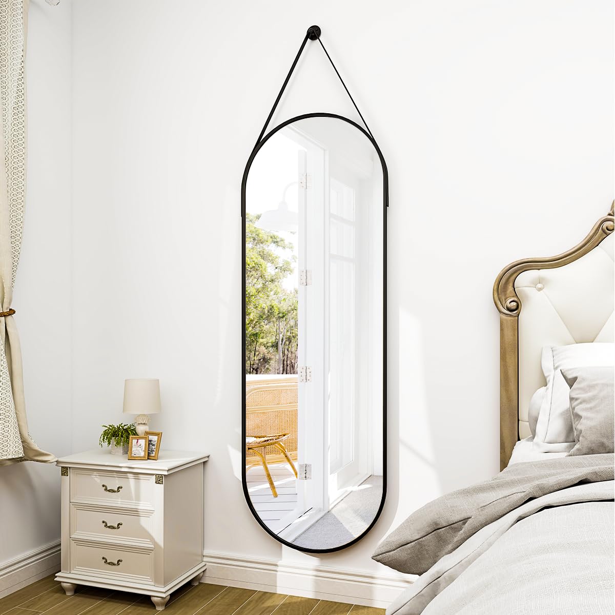 Full Length Oval Mirror 16x48 - Wall Mounted with Leather Hanging Strap