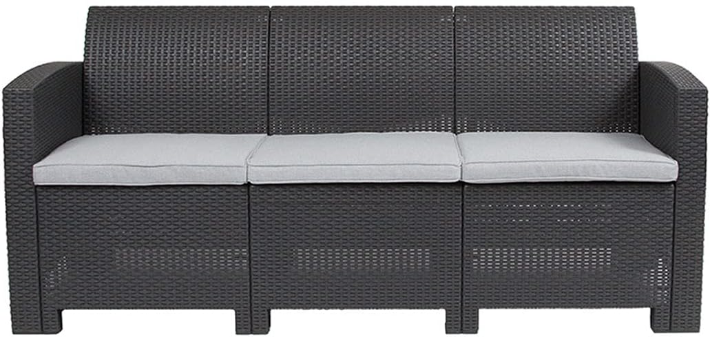 Seneca Dark Gray Faux Rattan Sofa with All-Weather Seneca Light Gray Cushions