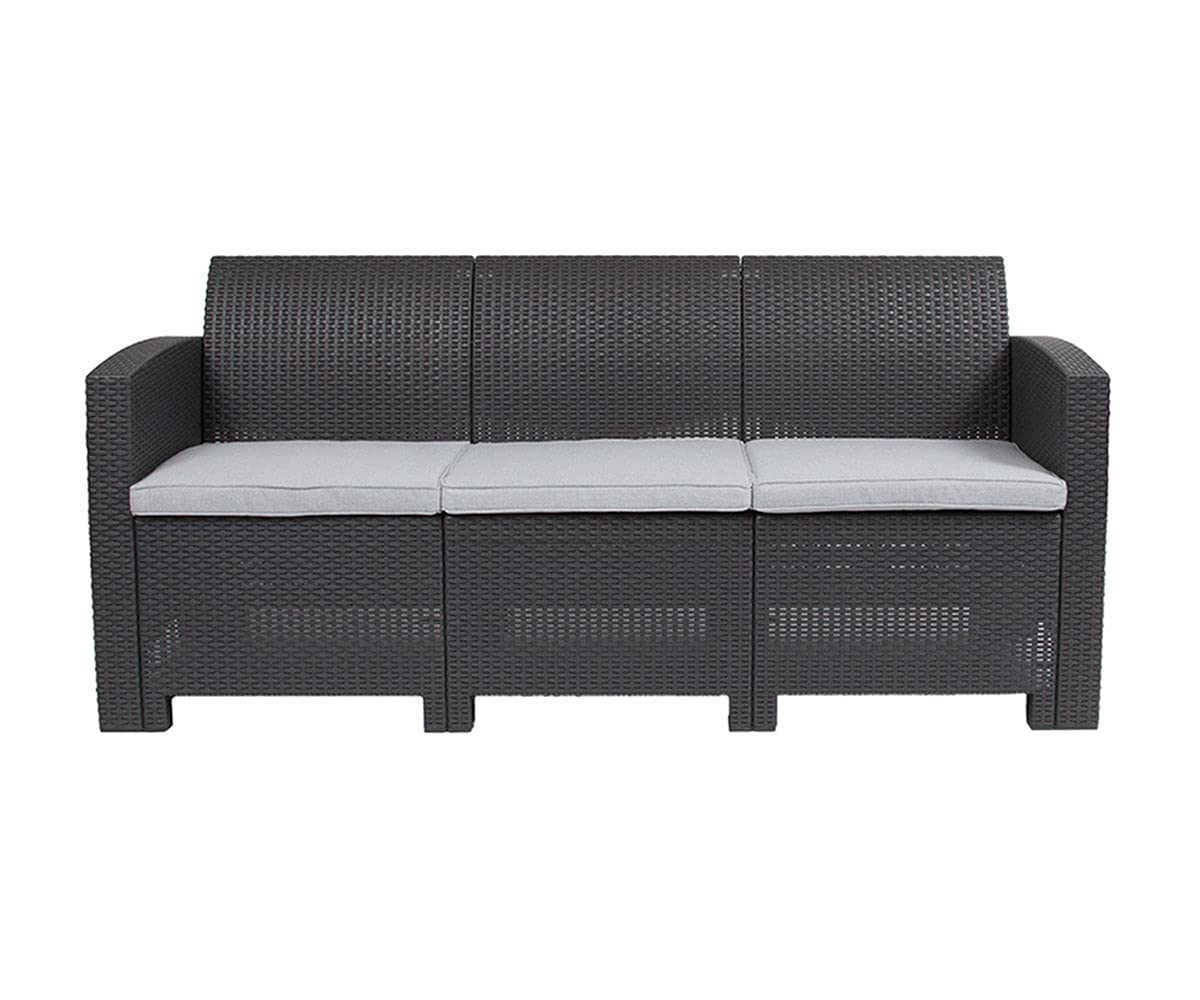 Seneca Dark Gray Faux Rattan Sofa with All-Weather Seneca Light Gray Cushions