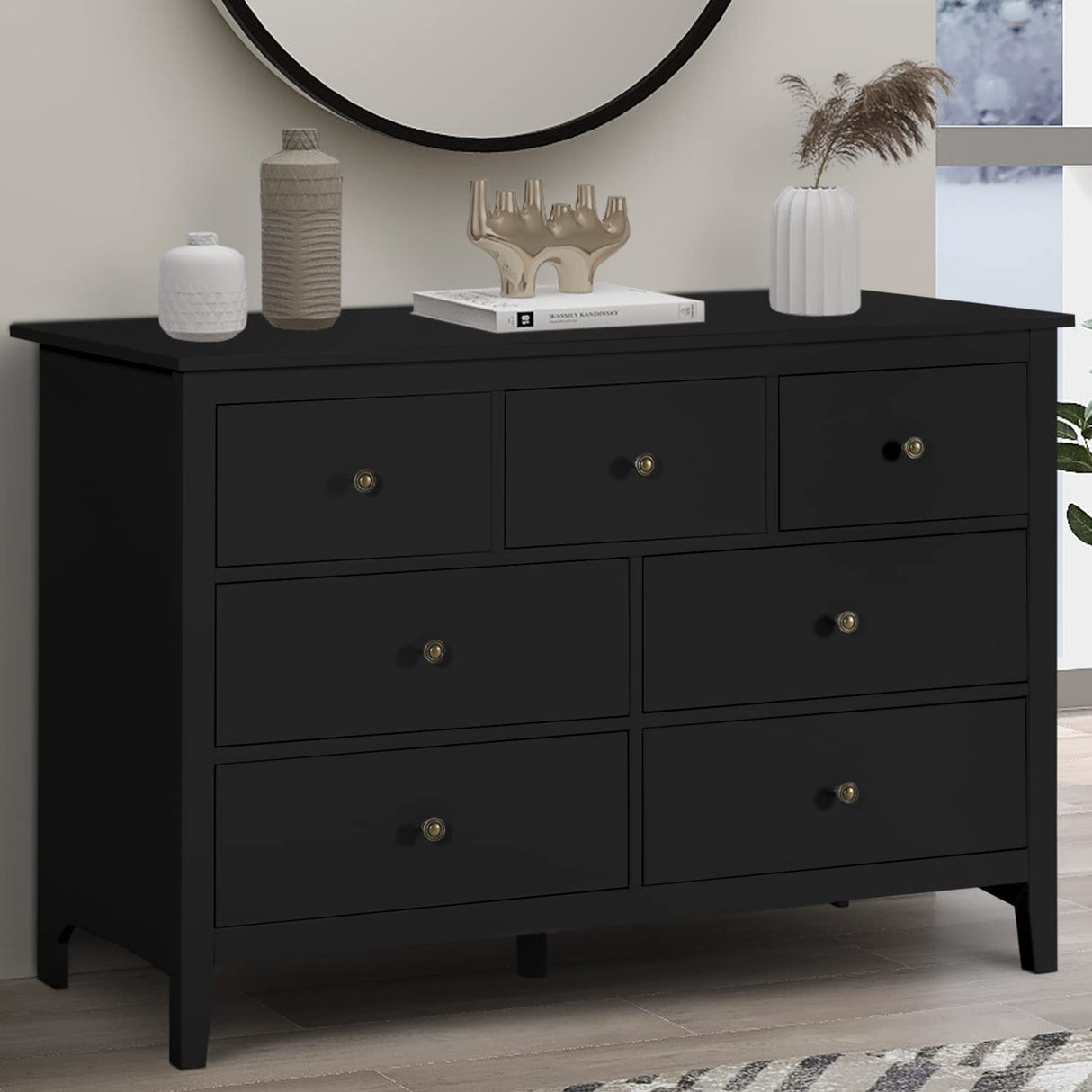 Black Dresser - Modern Dresser for Bedroom, Wooden 7 Drawer Dresser