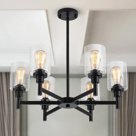 Farmhouse Chandelier with Cylinder Clear Glass 6 Light Vintage Black Bedroom Kitchen