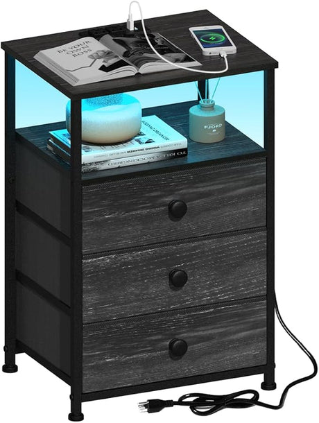 Side Table with Charging Station, End Table with Power Outlet & USB Ports, Nightstand