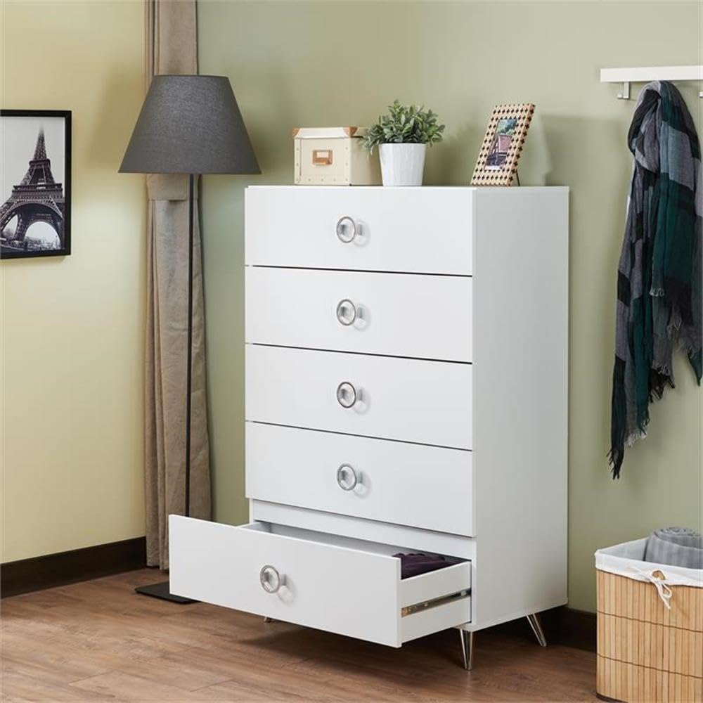 Acme Elms Wooden Rectangular Chest with 5 Storage Drawers in White and Chrome