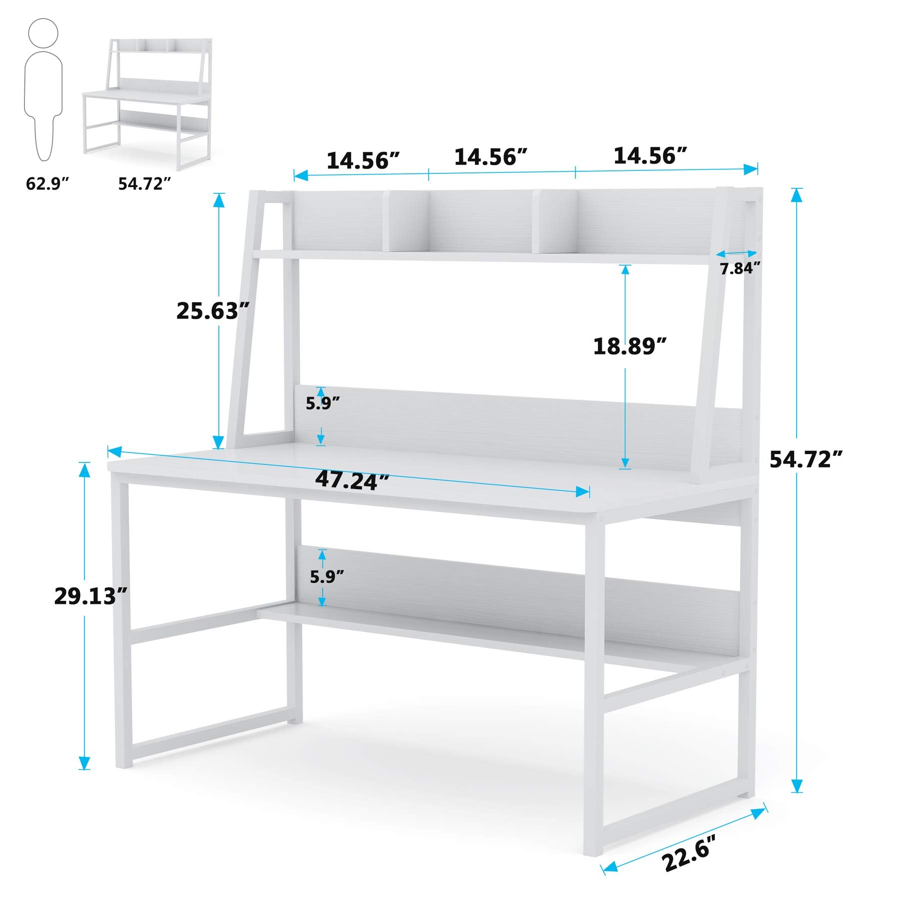 Computer Desk with Hutch, 47 inches Home Office Desk with Space Saving Design with Bookshelf for Small Spaces