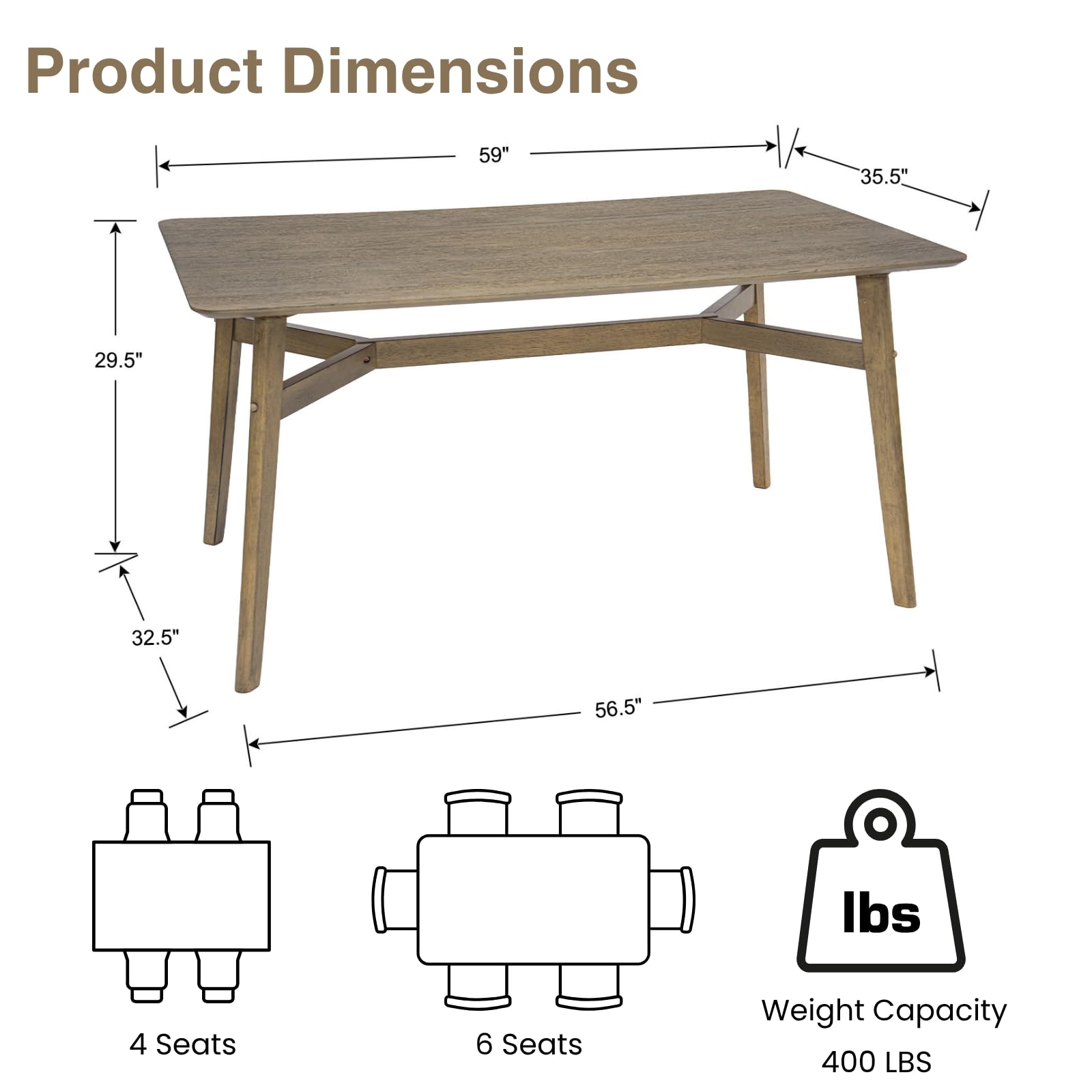 Modern Wooden Dining Table for 4-6 People - 59" Grey Rectangular