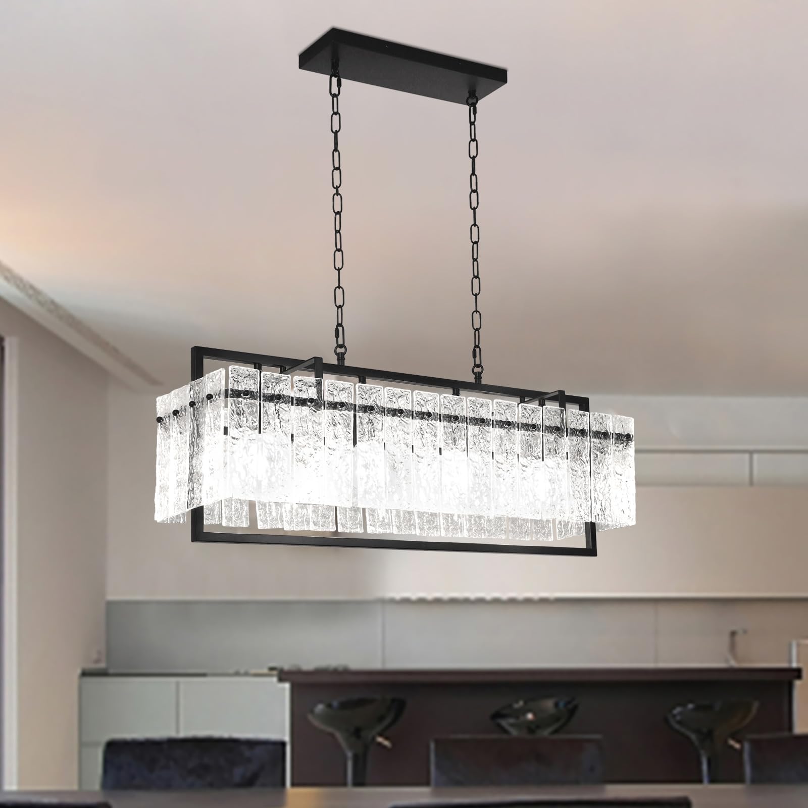 Modern Rectangular Crystal Chandelier, 4-Light Black Linear Farmhouse Lighting, 34”