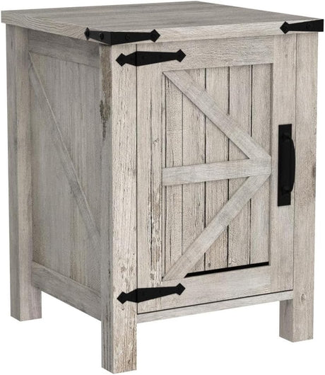 Nightstand with Charging Station, 18 Inch Farmhouse End Table with Barn Door and Adjustable Storage Shelf