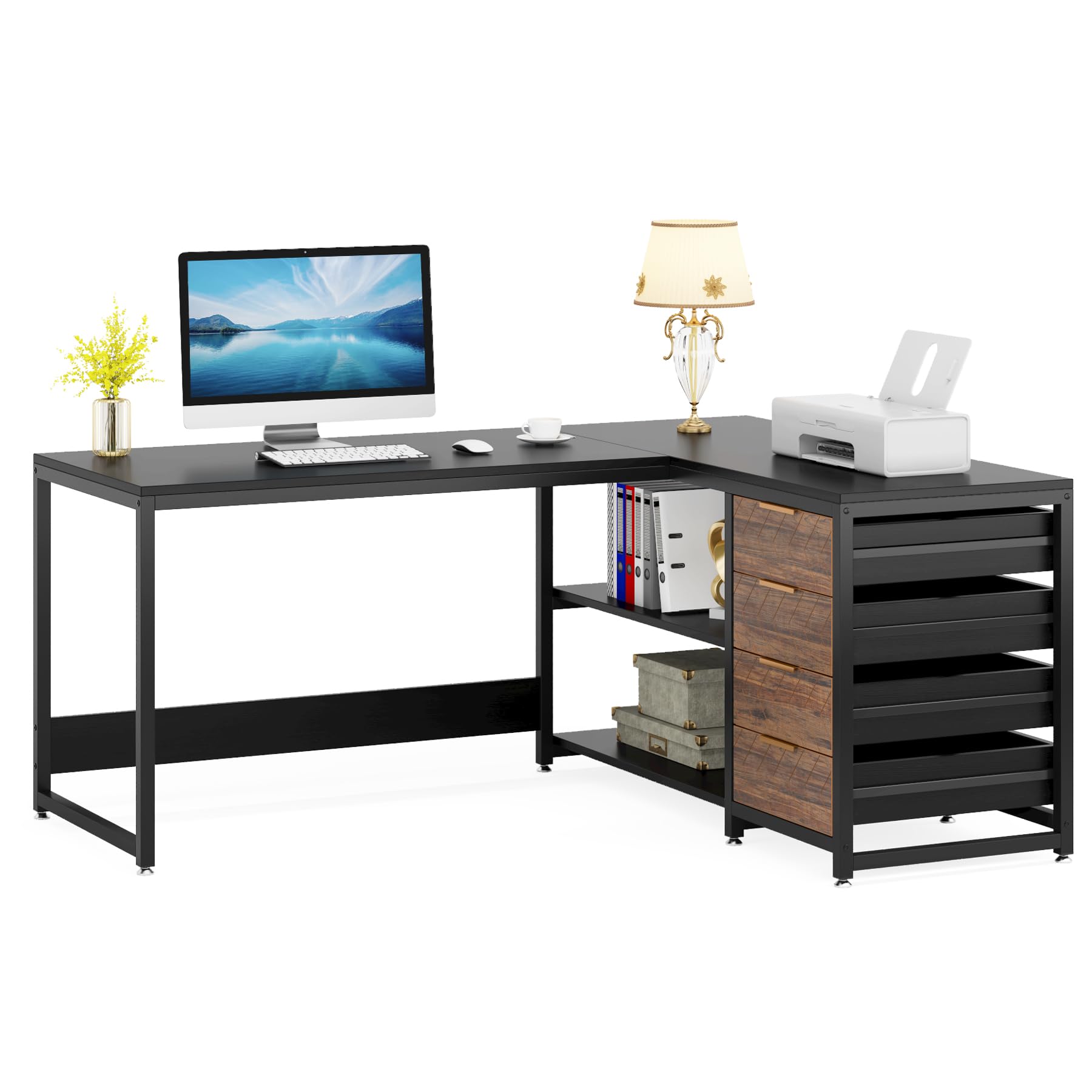 L Shaped Computer Desk with Storage Drawers, 59 inch Corner Desk with Shelves