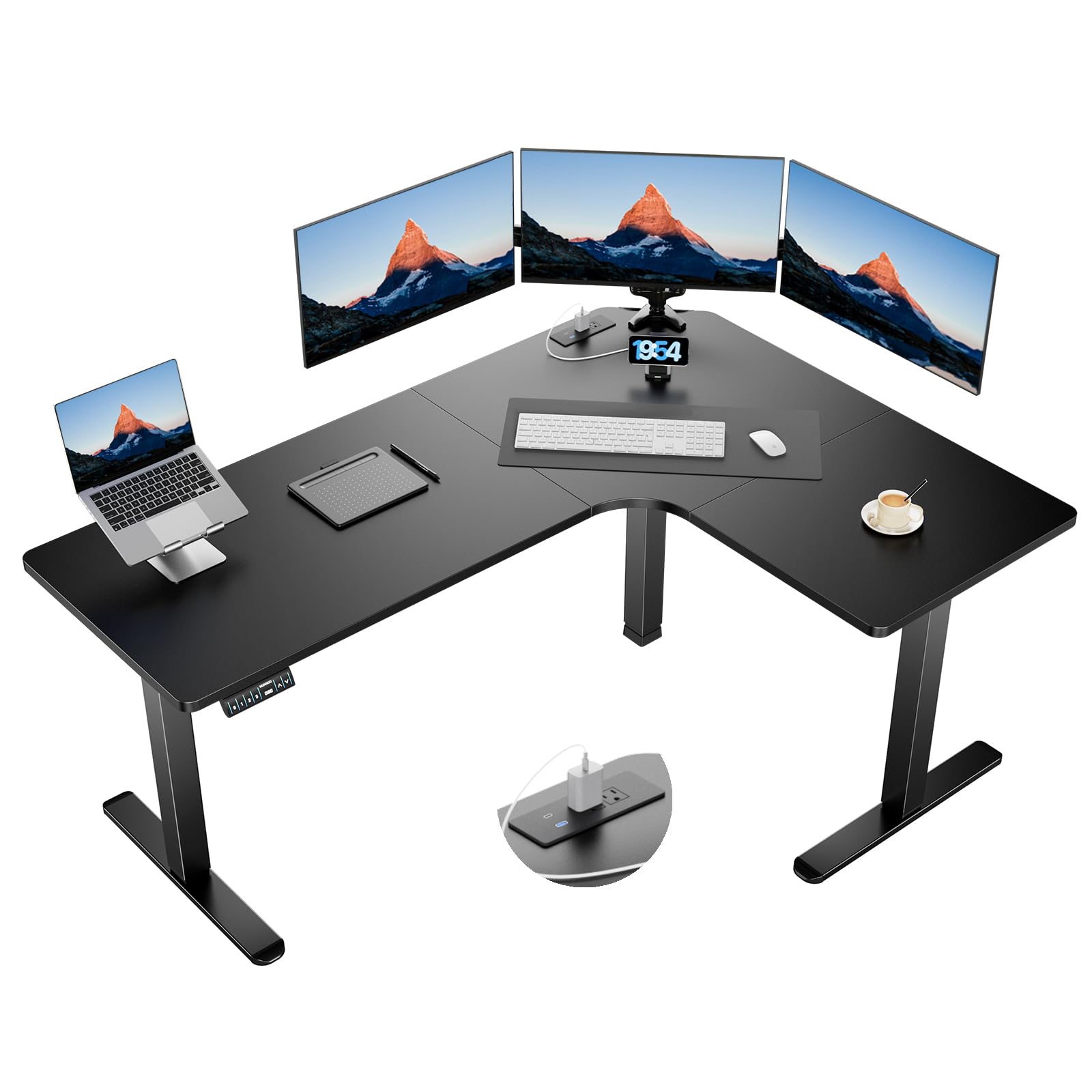 63″ Dual Motor L-Shaped Standing Desk, Built-in Power Outlets, Electric Height Adjustable Corner Computer Desk, Large Power Strip Holder, Sit Stand Up Desk with 3 Preset Heights, Black