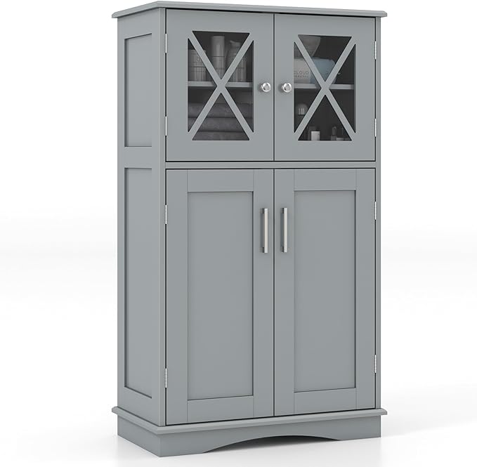 Bathroom Floor Storage Cabinet - Linen Floor Cabinet with Doors and Adjustable Shelves