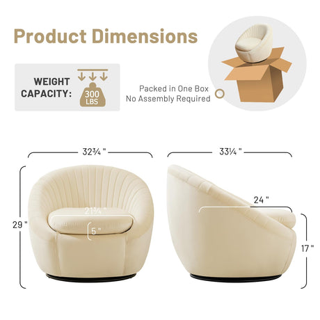 Furniliving Swivel Accent Chair, Modern Velvet Shell Swivel Barrel Chair with Wide Seat, FSC Certified Upholstered Single Sofa Swivel Chair for Living Room Bedroom Nursery, Cream Beige