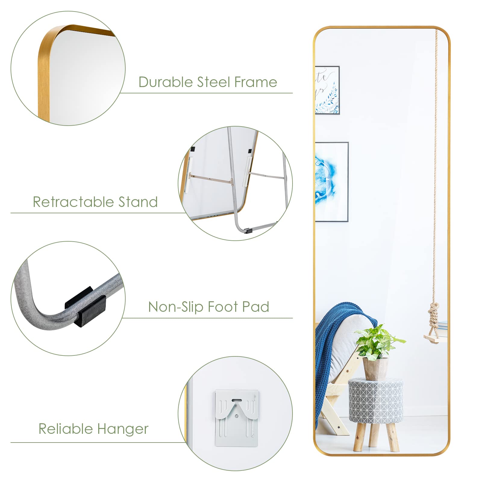 Full Length Wall Mounted Mirror w/Stand, Gold Steel Frame Floor Mirror with Explosion