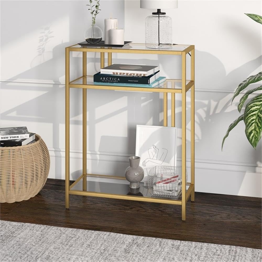22" Wide Rectangular Console Table with Glass Shelves in Brass, Entryway Table