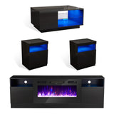 AMERLIFE 4 Piece Living Room Table Set, Modern & Highgloss includes 70" Fireplace TV Stand, Coffee Table & 2 End Tables, RGBW LED Light with Charging Station for Living Room, Black