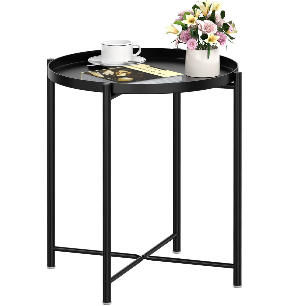 Metal Tray End Table, Round Accent Coffee Side Table