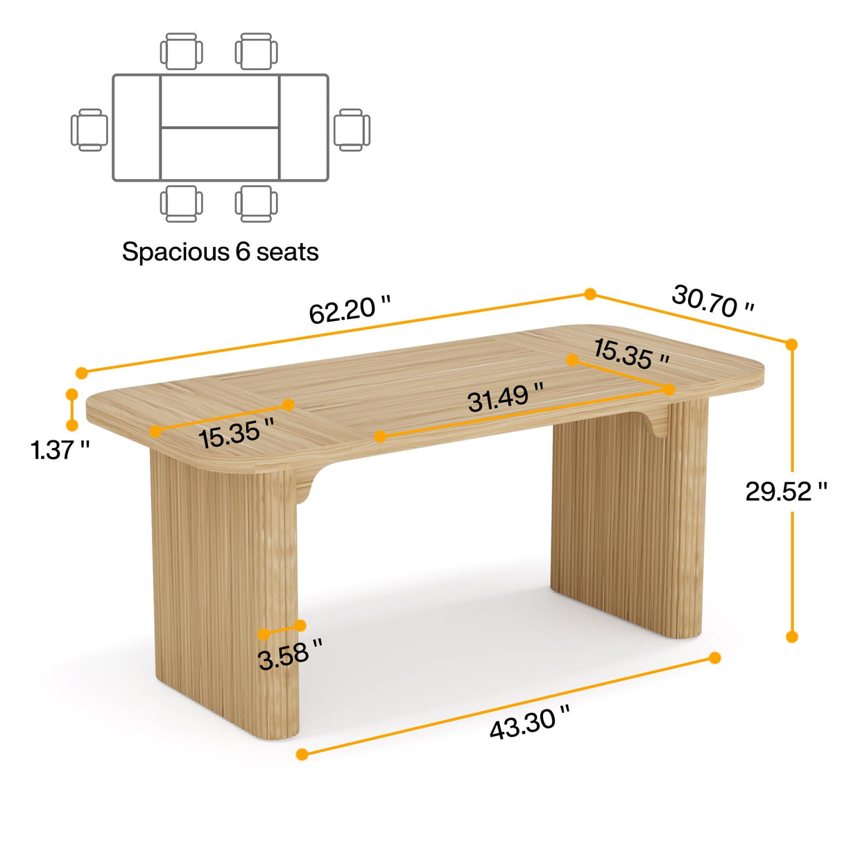 Dining Table for 4-6, Rectangular Wood Kitchen Table with Double Pedestal, 62-Inch