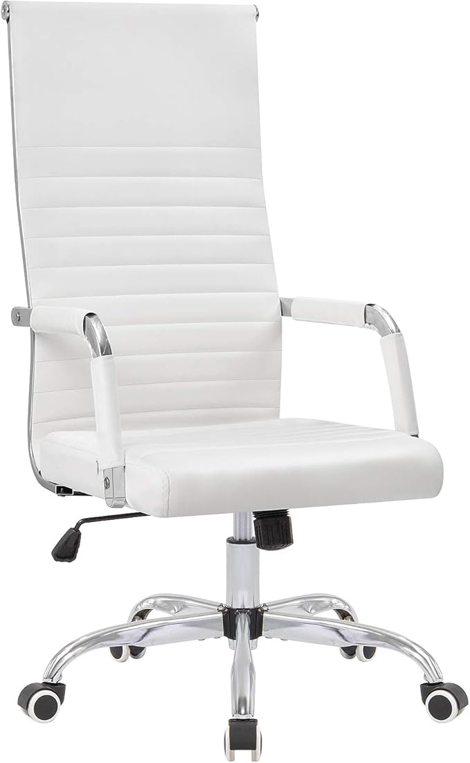 Ribbed Office Chair High Back PU Leather Desk Chair Adjustable Swivel Task Chair