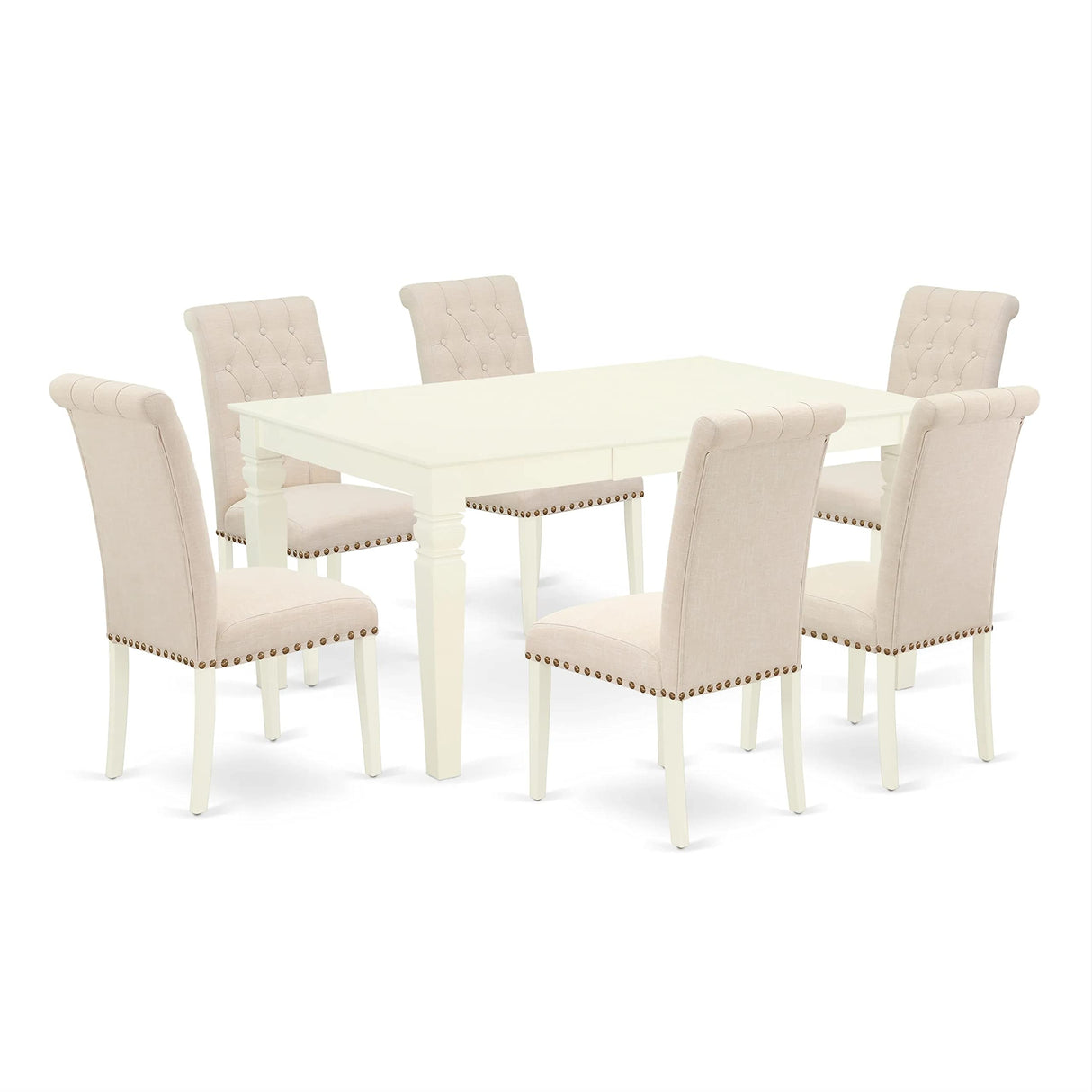 East West Furniture WEBR7-WHI-02 7 Piece Kitchen Set Consist of a Rectangle Dining Table with Butterfly Leaf and 6 Light Beige Fabric Parson Chairs, 42x60 Inch, Linen White