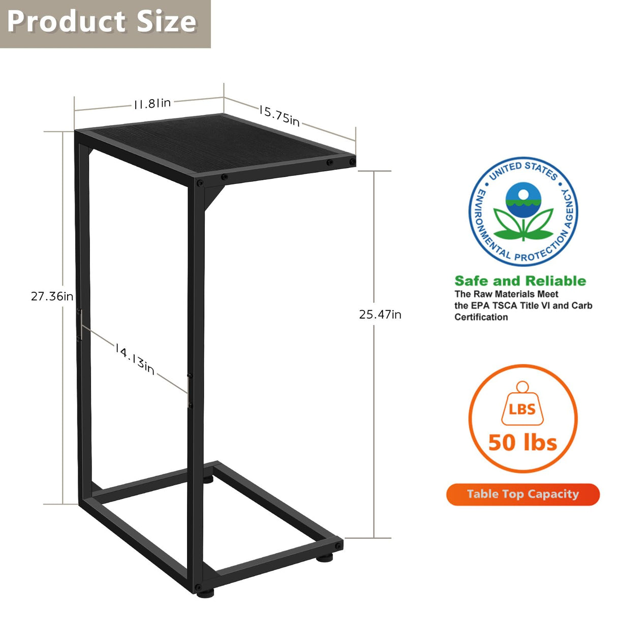 C Shaped End Table, C Tables for Couch, Snack Side Table for Sofa, Couch Tables That Slide Under,