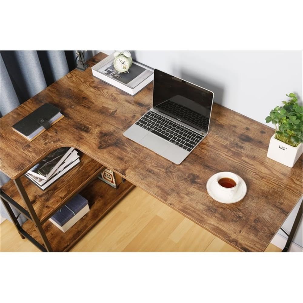 JJS L-Shaped Home Office Corner Writing Computer Desk with Build-in Bookcase, Wood Metal Modern Study Laptop Table Workstation with Storage Shelves for Small Space, Antony Rustic Brown