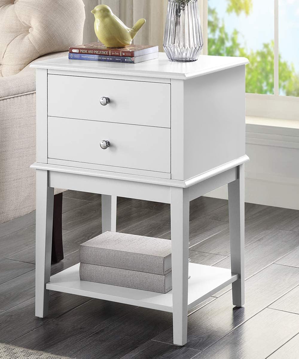 White Nightstand with 2 Drawers Tall 28", Modern Large End Table Living Room