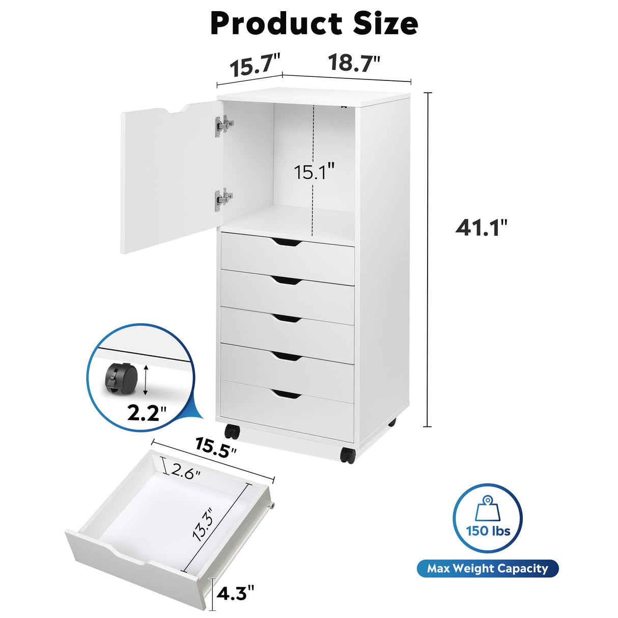 5-Drawer Wood Dresser with Top Cabinet Storage, Mobile Chest of Drawers